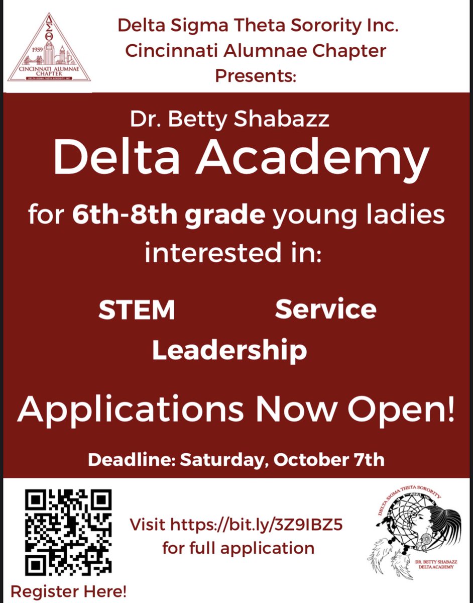 Delta Sigma Theta Sorority Inc., Cincinnati Alumnae Chapter, is accepting applications for the Dr. Betty Shabazz Delta Academy, a unique program for young ladies ages 11-14. Online applications must be submitted by Oct. 7, use this link to sign up: bit.ly/3Z9IBZ5.