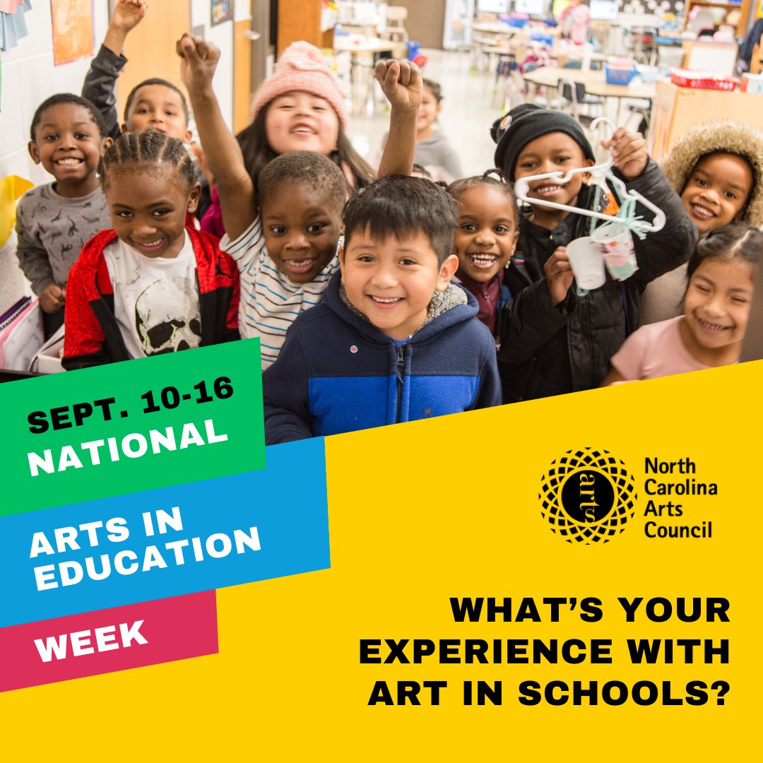 NCArtsCouncil's tweet photo. Join us in celebrating National Arts in Education Week Sept 10-16! As students and teachers return to the classroom, help spread the word that the arts are an essential educational building block. 

What’s your experience with art in schools? https://t.co/xZmzkQak7l