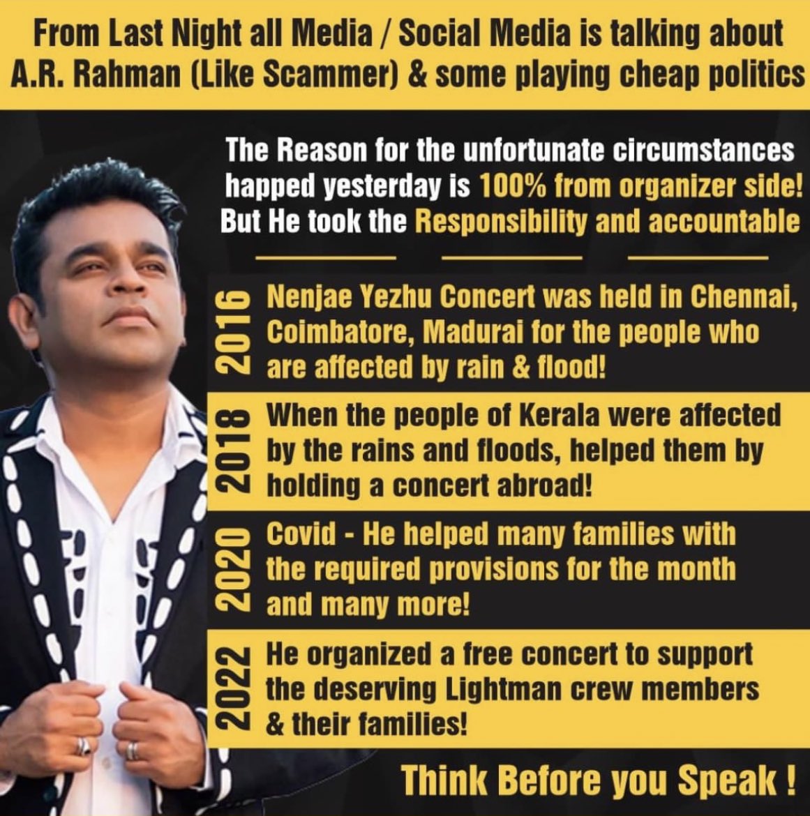 prasannakeys's tweet photo. Lets not hate him personally for any reason .He always wants to do  the best but unfortunately trusted the wrong ppl @actcevents #ARRahmanConcert #marakumanenjam #arrahman #ARRahman https://t.co/Qarb96l5L6