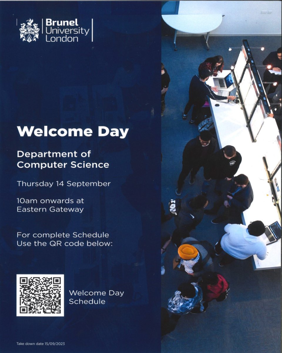 BrunelCompSci's tweet photo. Computer Science UG Induction is just around the corner!
We are excited to welcome all the new UG students joining our department this year.
Find out more about UG Welcome Day events at https://t.co/x91JV6QkuT
#IamBrunel #BrunelFreshers https://t.co/lVe2AC8Ftj