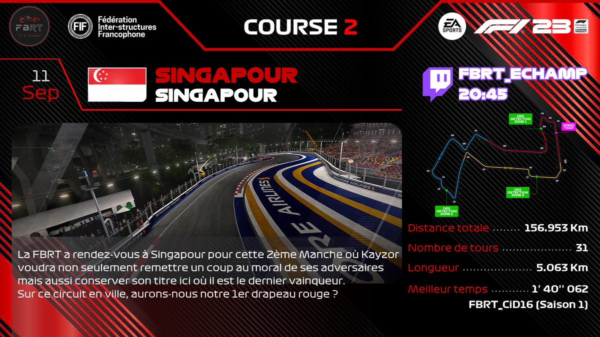 fbrtf1_echamp's tweet photo. 🚨Alerte Grand Prix 🚨

⚠️ Ce soir la FBRT a RDV à Singapour 🇸🇬 circuit urbain et qui nous réserve sont lot de surprise ! Combien vous franchir la ligne d’arrivée ? 

Pour le savoir je vous invite sur notre chaîne twitch ce soir 20h45 ! 

📺 https://t.co/ETgxup3wWt

#twitchtv https://t.co/d95Lbxbpwx