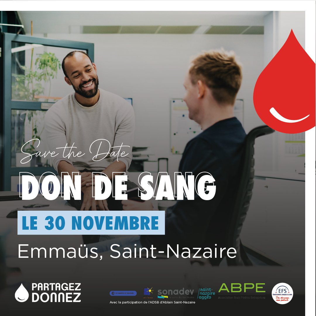L'<a href="/AbpeBrais/">ABPE Brais Pedras Entreprises</a>  renouvelle l'événement "Don du Sang" avec l' EFS le 30 novembre prochain . Vous êtes intéressé ? @Fabienne@FarrouetPRO  animatrice réseaux à la <a href="/CCINantes/">CCI Nantes St Nazaire</a>  0240172110 #dondusang #entreprises #zonedebrais #solidarite