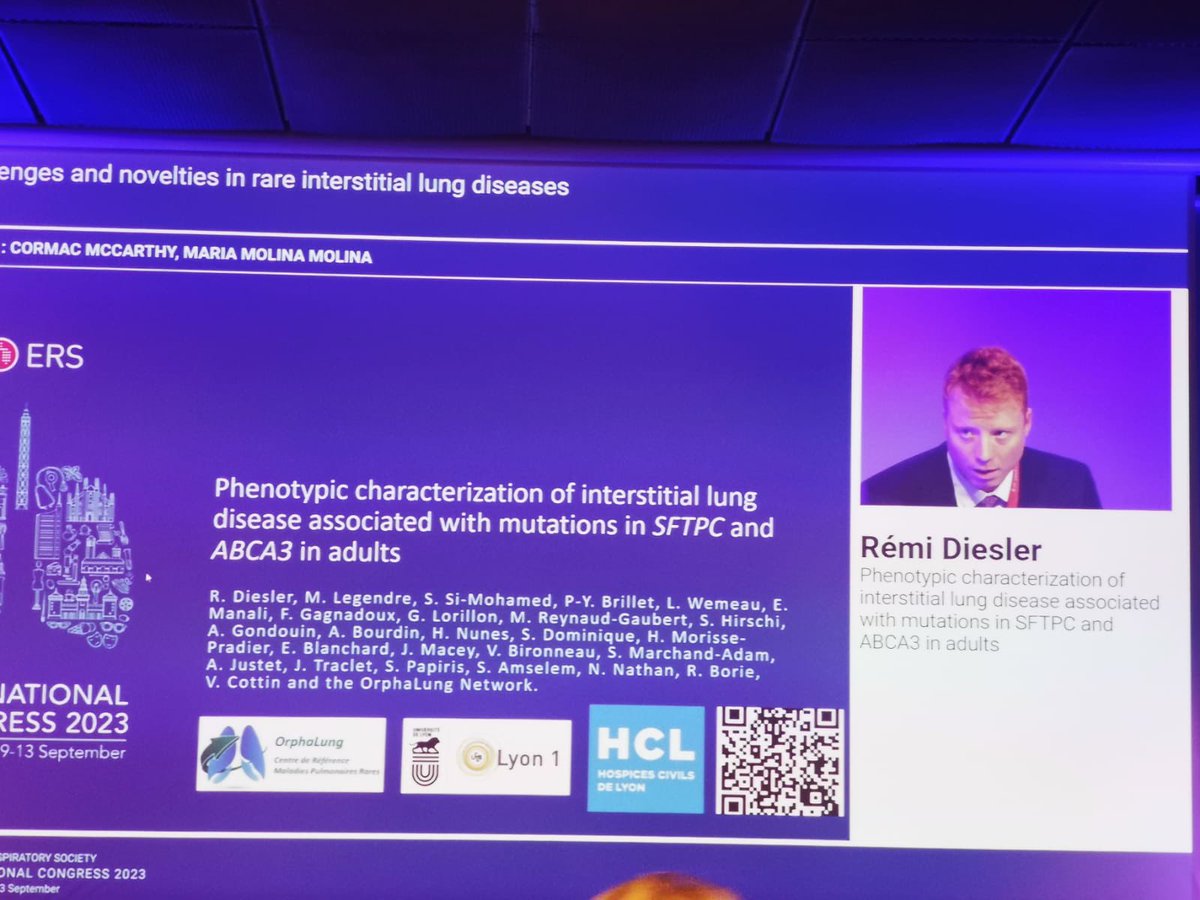 FSMR - RespiFIL 🫁 (@respifil) on Twitter photo 🔴#ERSCongress 2023
#Phénotype des patients adultes avec des pathologies du #surfactant liées aux #mutations de #SFTPC et #ABCA3 🧬 :
- cause rare #PID
- syndrome restrictif ↘️DLCO
- pas de lésion spécifique au TDM
- pathologie SFTPC plus sévère vs ABCA3 <a href="/OrphaLung/">Vincent Cottin</a> 🔴#ERSCongress 2023
#Phénotype des patients adultes avec des pathologies du #surfactant liées aux #mutations de #SFTPC et #ABCA3 🧬 :
- cause rare #PID
- syndrome restrictif ↘️DLCO
- pas de lésion spécifique au TDM
- pathologie SFTPC plus sévère vs ABCA3 <a href="/OrphaLung/">Vincent Cottin</a>