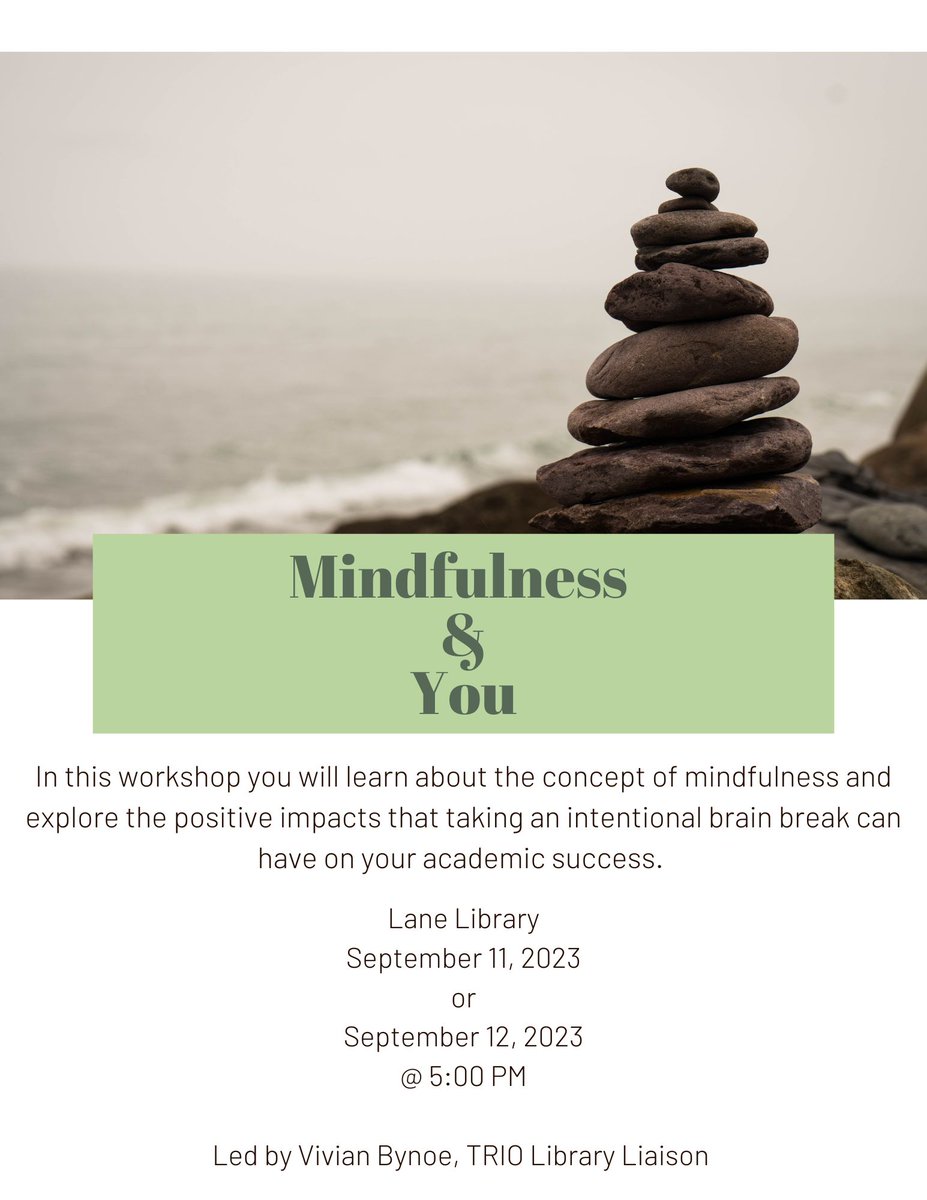 trioarmstrong's tweet photo. In this workshop you will learn about the concepts of mindfulness and explore the positive impacts that taking an intentional brain break can have on your academic success.
Today & tomorrow at 5PM in Lane Library 130!
#TRIOWorks #HailSouthern #Workshops #TRIOSSS https://t.co/BcxMhFXUbg