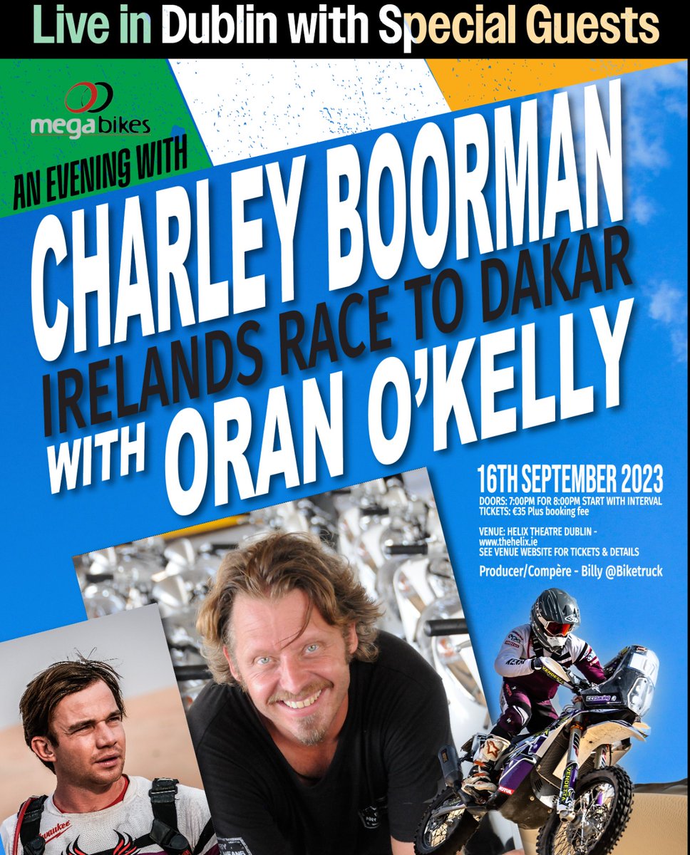 Make a weekend of it! Meet some special motorcycle dudes - all supporting Oran O'Kelly, Irelands own Race to Dakar!

With Charley Boorman, Oran O'Kelly, Jeremy McWilliams, Phillip McCallent and David Knight - PLUS an audience of Irish Dakar Rally heroes!
thehelix.ie/what-s-on/all-…