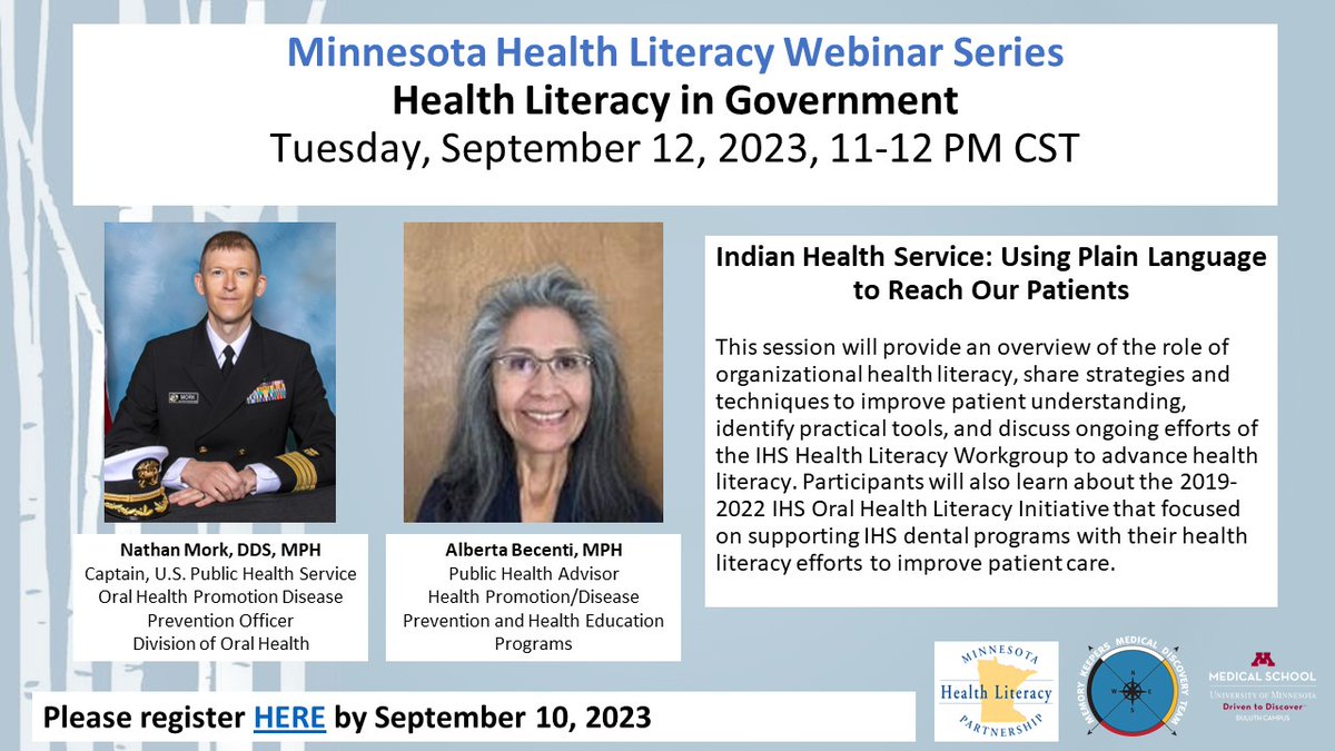It's not too late to register for tomorrow's webinar "Health Literacy in Government - Indian Health Service" umn-private.zoom.us/webinar/regist… 
 #SupportGreenandBlue #HealthLiteracyAdvocacy #HealthLiteracyAwarenessMonth
