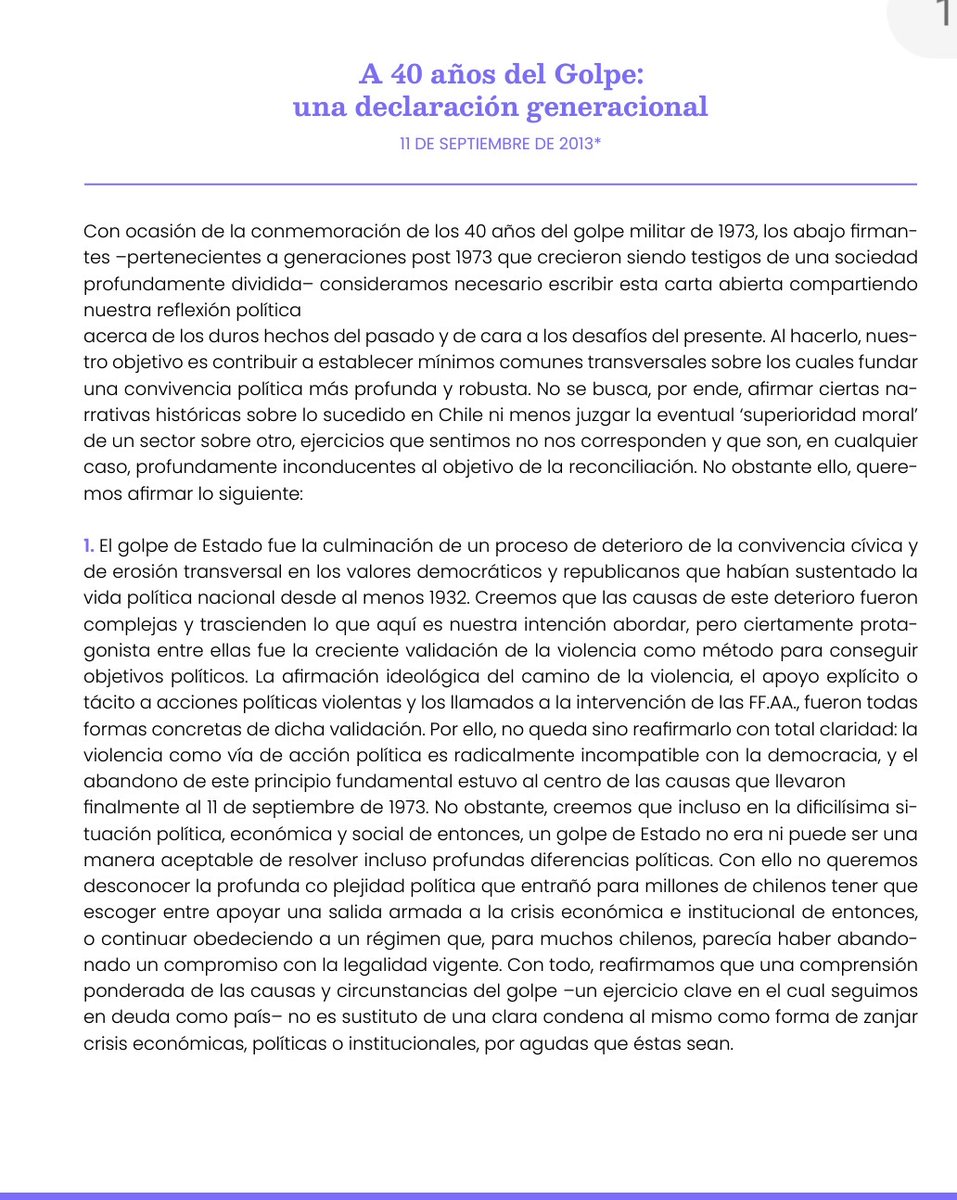 ignaciobriones_'s tweet photo. A 50 años del golpe, comparto y refrendo declaración generacional que un grupo hicimos hace 10:
1.Condena al golpe.
2.Defensa de la democracia y su institucionalidad.
3.Condena de la violación de los DD.HH. y defensa irrestricta de los mismos.
4.Condena de la violencia política. https://t.co/IInWI5kPf4