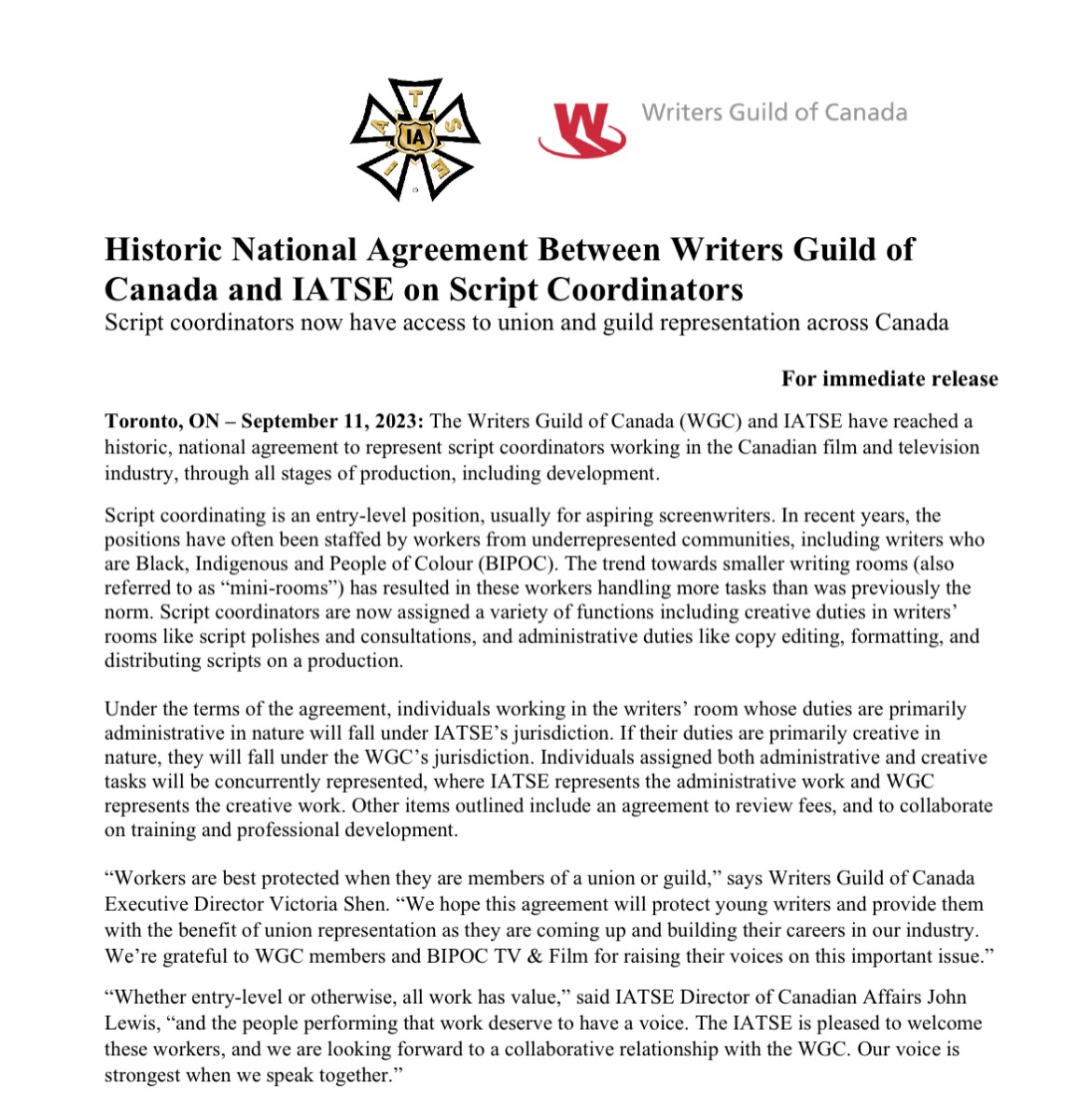 Historic National Agreement Reached Between <a href="/WGCtweet/">Writers Guild of Canada</a> and <a href="/IATSE/">IATSE // #IASolidarity</a> on Script Coordinators. These workers now have access to #union and guild representation across Canada! 

Full media release available on the IATSE Canada website.