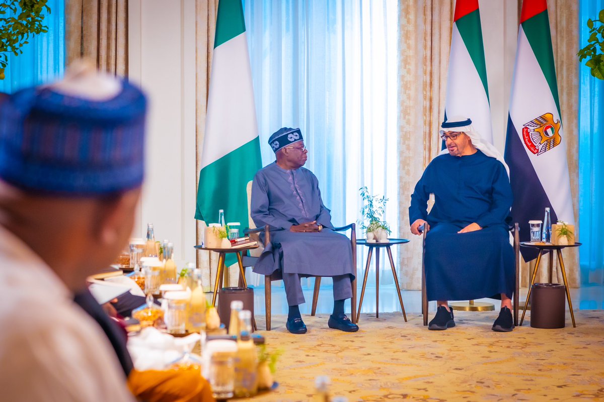 DOlusegun's tweet image. PRESIDENT TINUBU SECURES LANDMARK DEAL WITH UNITED ARAB EMIRATES ACROSS SECTORS; VISA BAN ON NIGERIAN TRAVELERS IS LIFTED IMMEDIATELY

President Bola Ahmed Tinubu and President of the United Arab Emirates, Mohamed bin Zayed Al Nahyan, on Monday in Abu Dhabi, have finalized a…
