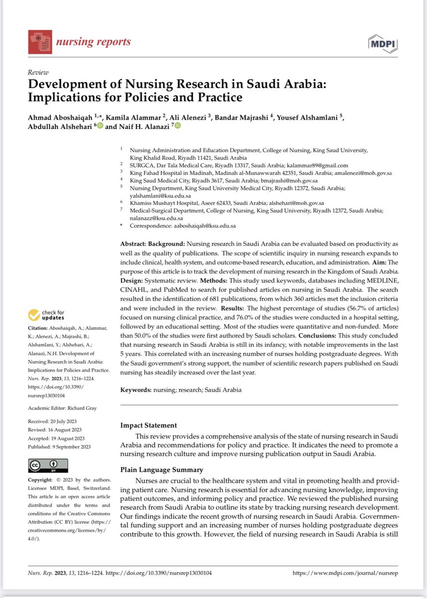 اللهم لك الحمد والشكر 
مبروك للفريق البحثي هذا الانجاز  
شكرا كميليا ،علي ، بندر ، يوسف ،عبدالله ، نايف 
This review provides a comprehensive analysis of the state of nursing research in KSA and recommendations for policy &amp; practice.

mdpi.com/2039-4403/13/3…