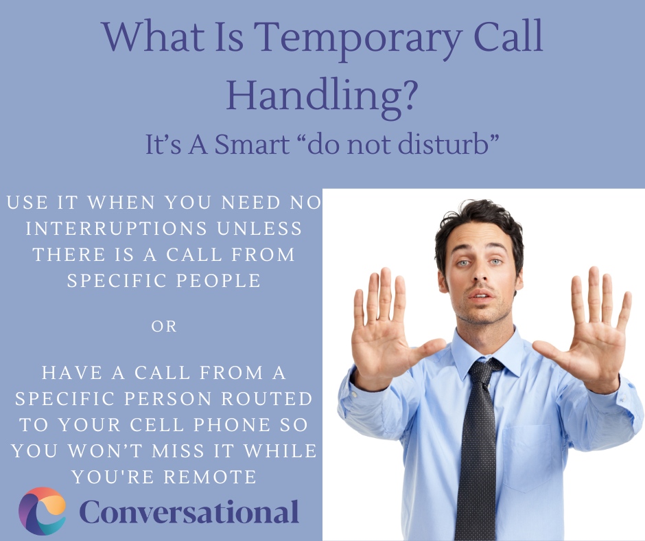 Conrecept's tweet image. Imagine working on an important project where you need uninterrupted time…but you’re also expecting a call you do not want to miss.

Conversational's Temporary call handling is the answer. 

#virtualreception
#virtualreceptionist
#ProductivityTips
#Productivity