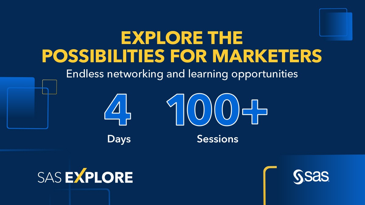 4 days of discovery, networking, and inspiration. Visit our booth and attend a live “Super Demos” that provide in-depth learning opportunities for the modern marketer. #ExploreSAS 2.sas.com/6012PFLi4