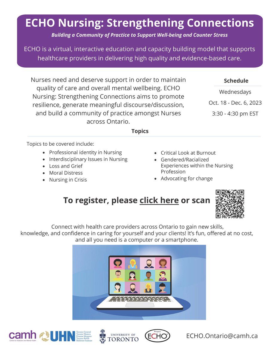We are pleased to share that registration for the ECHO Nursing: Strengthening Connections program has opened up for all nurses across Ontario!

Click this link to register: edc.camhx.ca/redcap/surveys…