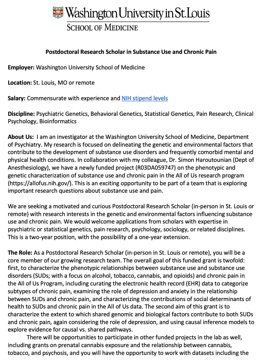 I am hiring for an open postdoc position @WUSTLmed! 🎉This is for a new @NIDAnews funded project on substance use and chronic pain - please spread the word and reach out if interested! Link to full description: emmacjohnson.com/open-positions