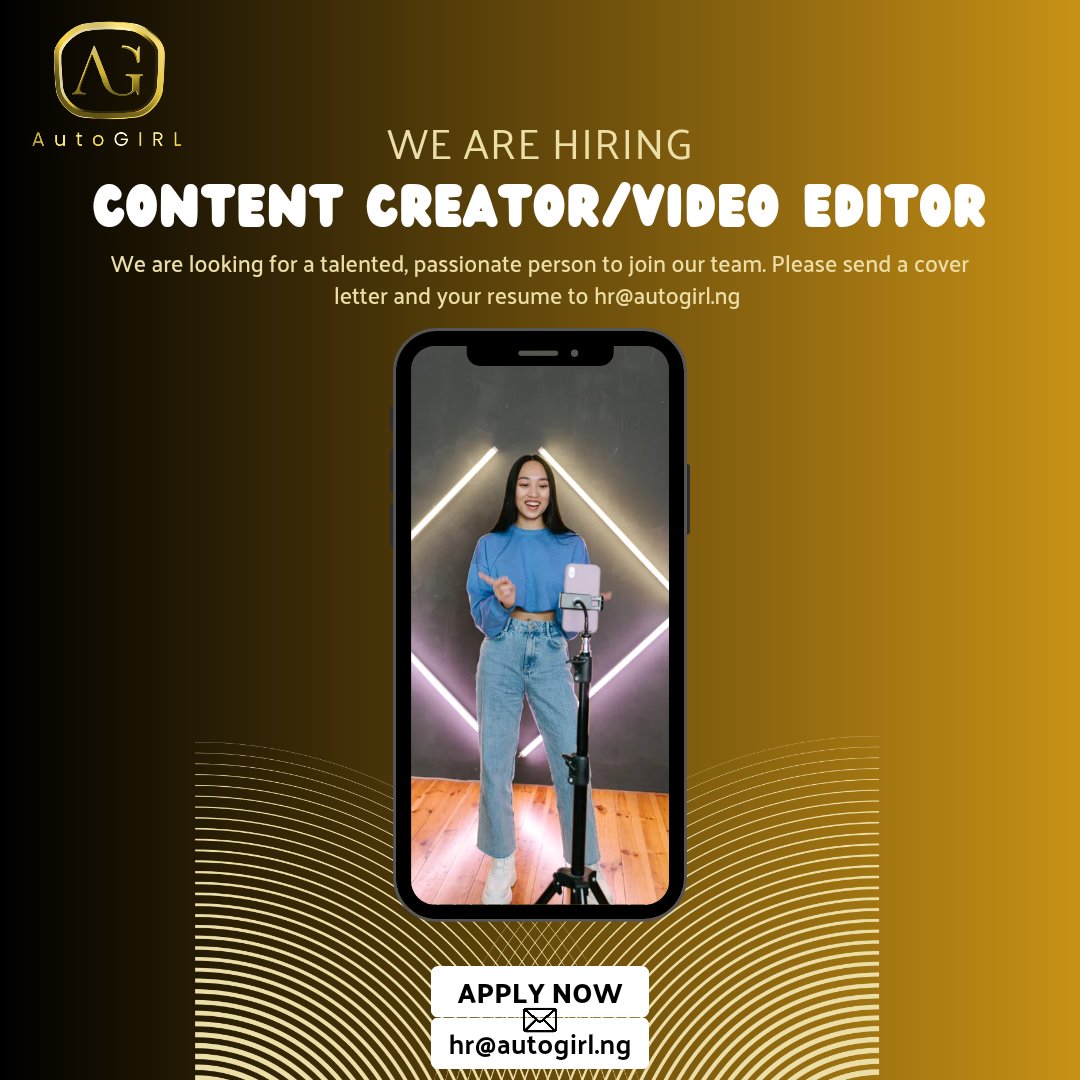 autogirlng's tweet image. We're on the hunt for a content creator/video editor🎥💼

If you're a TikToker with a passion for cars, this could be your dream job! 🎥✨

Send a mail to hr@autogirl.ng to apply.

#autogirl #contentcreator #hiring #lagos #nigeria #jobs #carrentals