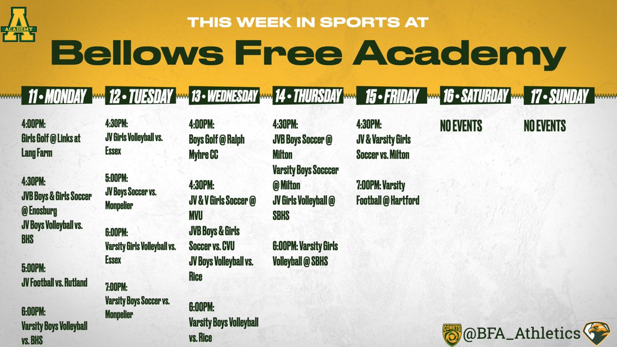 BFA_Athletics's tweet photo. Here's whats happening this week with BFA Athletics⚽️🏈🏐⛳️ HERE WE GOOOOO!!!! #GoComets #GoBobwhites #WeAreBFA https://t.co/106eZanJ3W