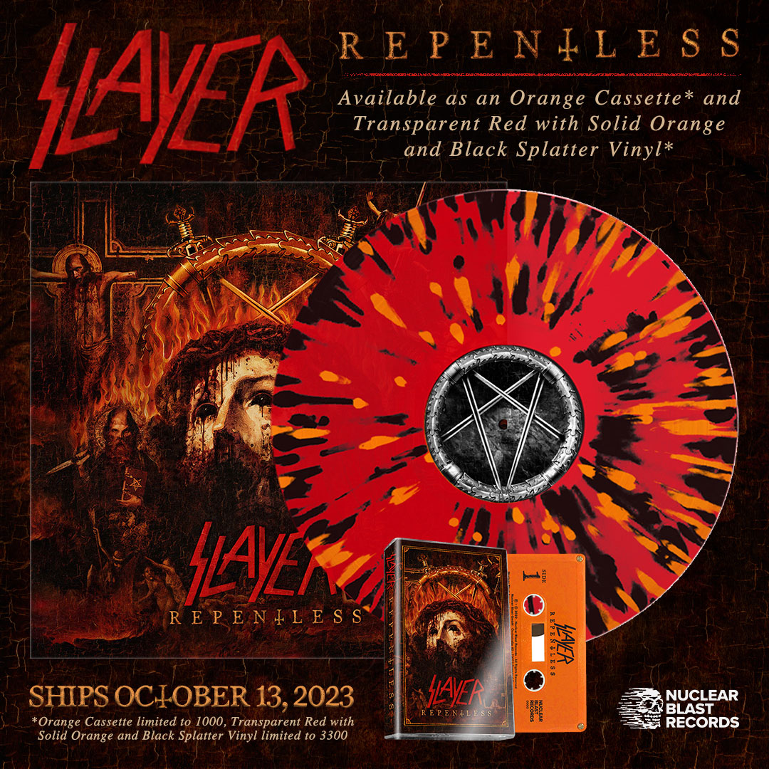 The twelfth studio album #REPENTLESS turns 8. Released on September 11, 2015 via @NuclearBlast Records. Limited reissues out October 13th on: - Transparent Red with Solid Orange and Black Splatter Vinyl - Orange Cassette Shop & listen: slayer.bfan.link/repentless.tpo #Slayer