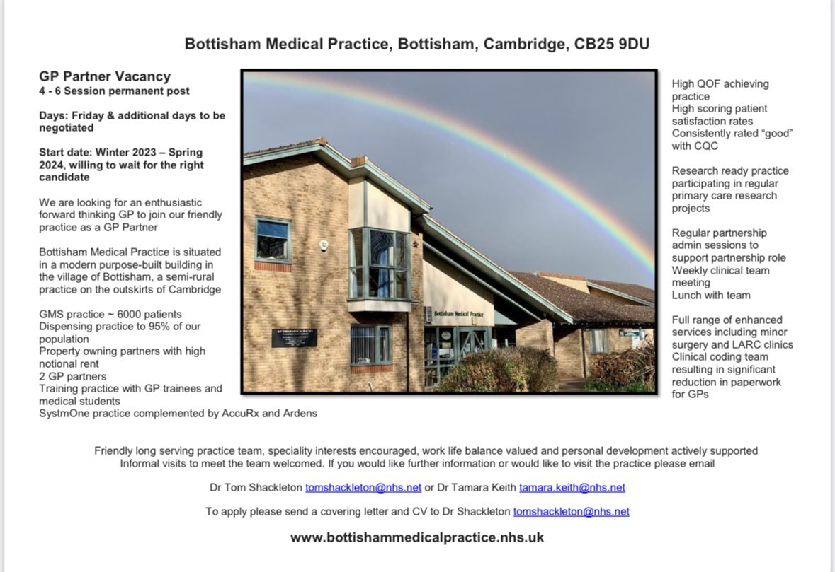 Please see our advert for a GP Partner in our friendly well organised practice in Cambridge <a href="/CambsLMC/">@CambsLMC</a> <a href="/NextGGP/">Next Generation GP</a> <a href="/RCGP_EA/">RCGP East Anglia</a>