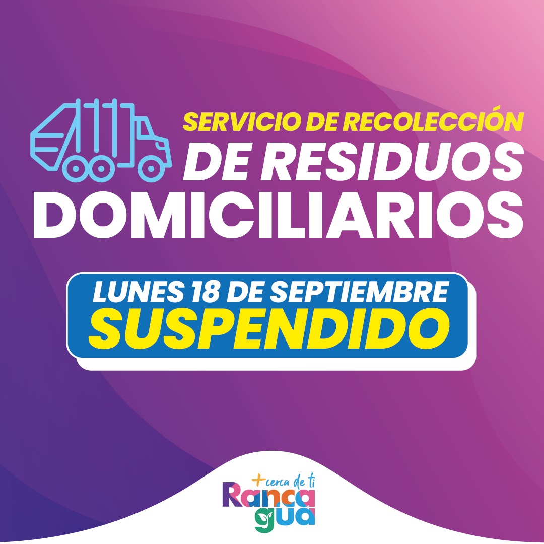 munirancagua's tweet photo. 🚨ATENCIÓN VECINOS Y VECINAS                                                                                                    
Informamos que el servicio de recolección de residuos domiciliarios se suspenderá el día lunes 18 de septiembre, con motivo de Fiestas Patrias.
[HILO] https://t.co/uTf3UjEsgQ