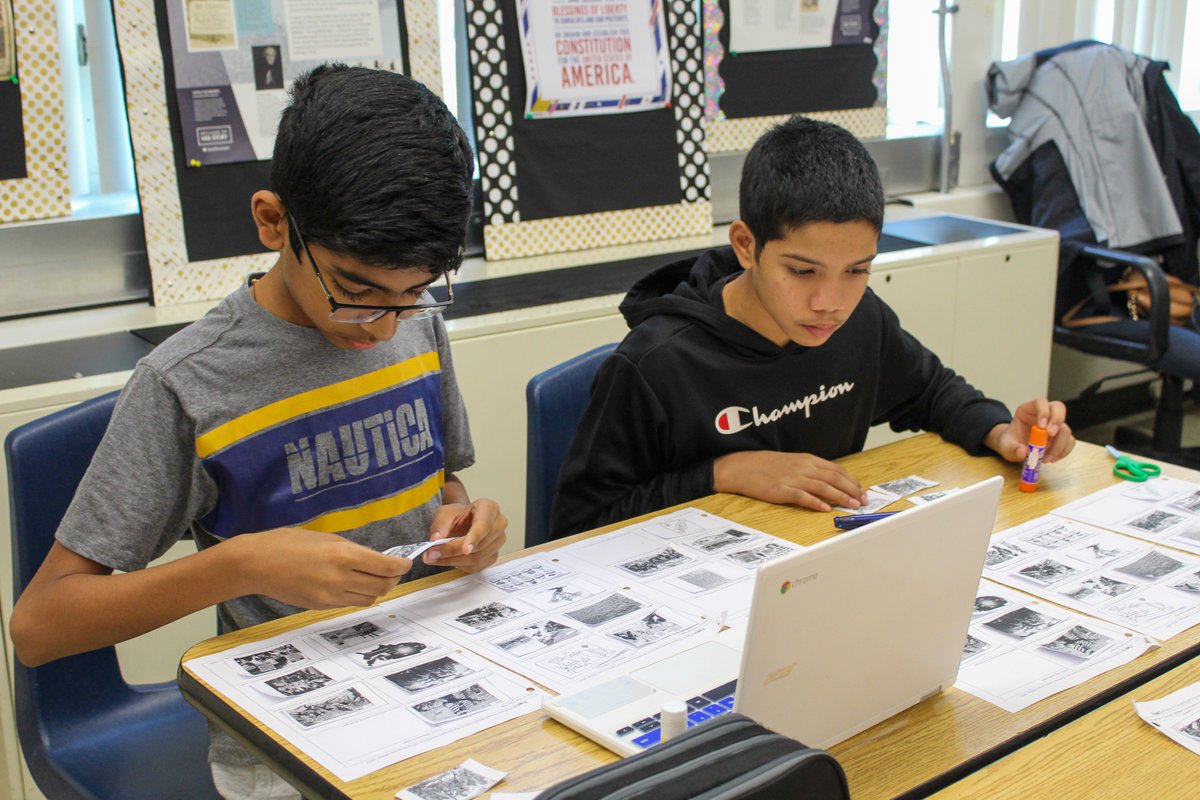 This morning at Crossroads South, Ms. Ventre and Mr. Arcure had their social studies students match historical pictures to captions in order to create a visual timeline of the American History curriculum.