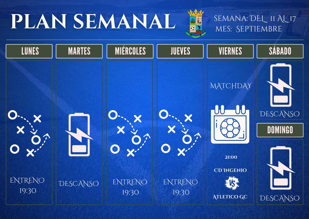 📢PLAN SEMANAL📢

A continuación les dejamos con el plan semanal del CD Ingenio para el MatchDay que tendrá lugar el 15 de Septiembre en nuestro estadio municipal Cristóbal Herrera. 

La entrada tendrá un precio de 3€.

#SeguirCreciendoCDIngenio🔵🔴