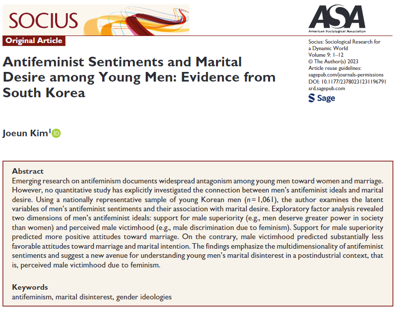 SociusJournal's tweet photo. NEW #OA article out now! - "Antifeminist Sentiments and Marital Desire among Young Men: Evidence from South Korea" by @SocJoeun 

https://t.co/5g2zKHoBZG

#openscience #soctwitter https://t.co/dKTg7bOPRk