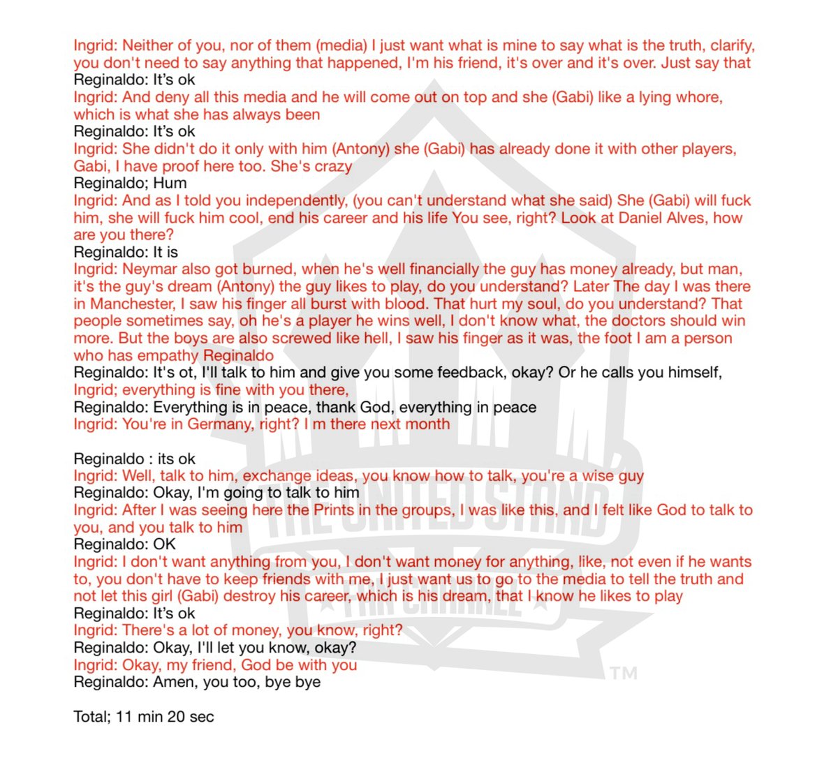 UnitedStandMUFC's tweet image. 🚨 BREAKING: The United Stand has been provided with a phone conversation between Reginaldo Teixeira and Ingrid Lana about Antony. 

This conversation was recorded on 07/07/23.