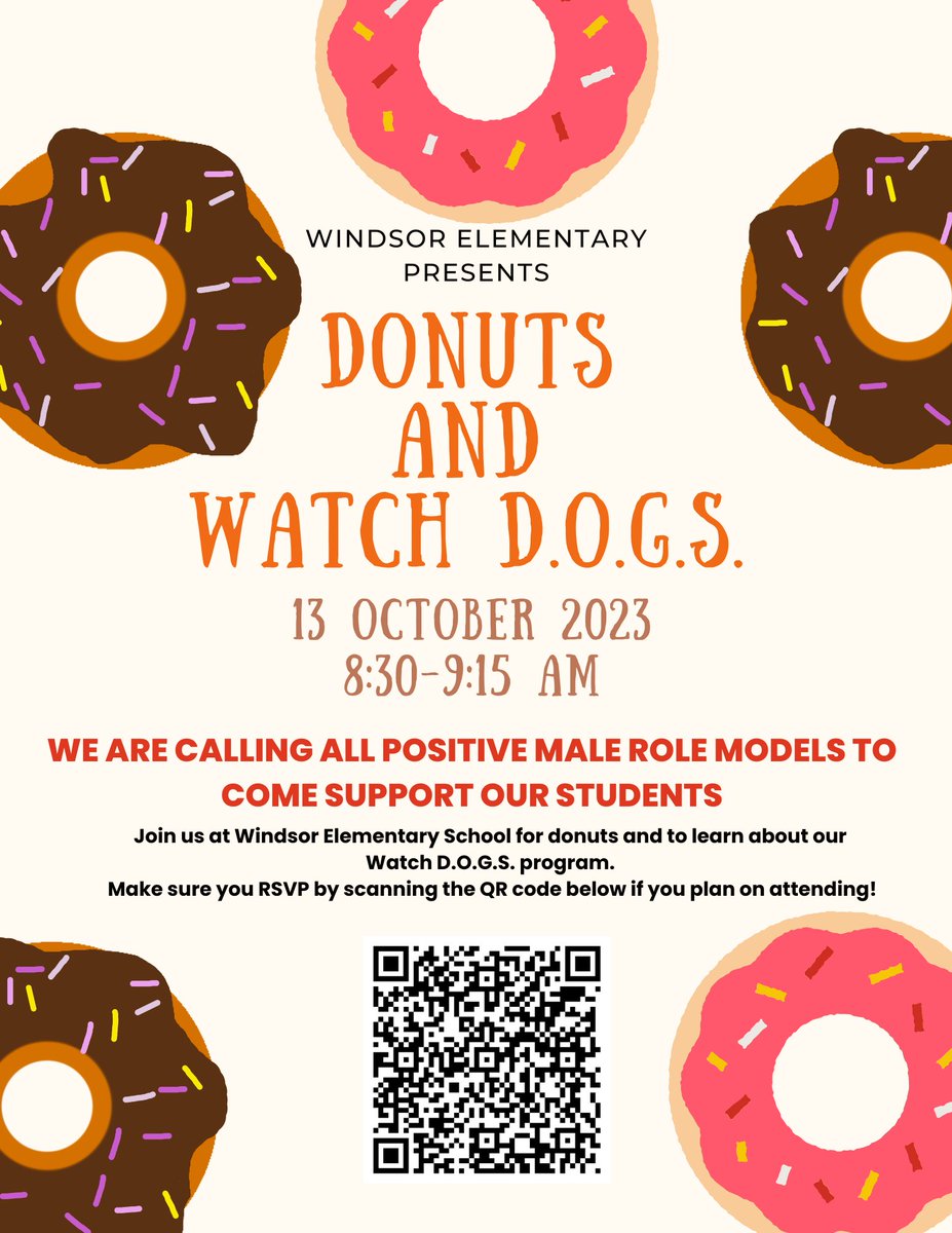 Donuts and Watch D.O.G.S. meeting Friday, October 13, 2023, from 8:30-9:15. For more information and to RSVP, see the attached flyer.