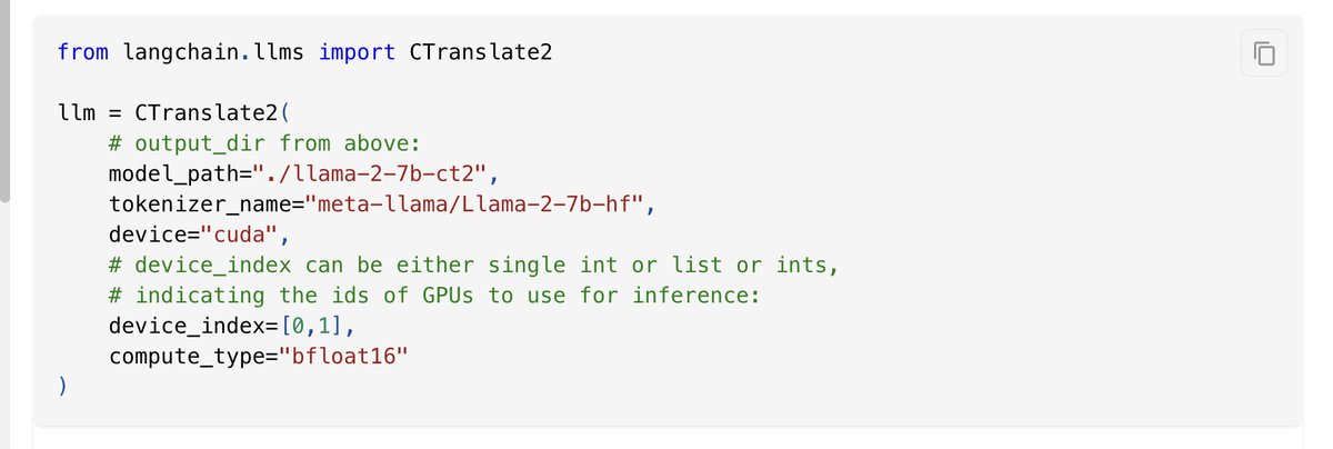 LangChainAI's tweet image. ⚡️Run LLMs locally with CTranslate2

We&apos;ve added support for running local models with the blazingly fast CTranslate2.

Thanks to GH eryk-dsai from @deepsense_ai for the feature and @HamelHusain for the great post that introduced us to the library!

Docs: python.langchain.com/docs/integrati…