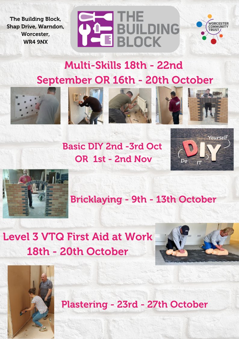 BuildBlockWorc's tweet image. #BuildingBlock #CourseDates #TrainingCentre #Worcester
Every time someone books and pays for a course- it enables us to give back to the community and support a vulnerable person. #charity #support
Book your place here- or buy for a friend #kindness
worcestercommunitytrust.arlo.co/w/upcoming/