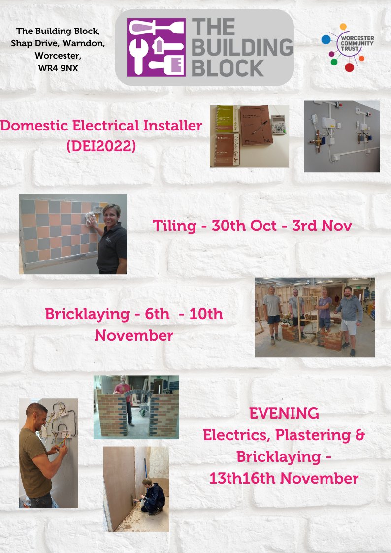 #BuildingBlock #CourseDates #TrainingCentre #Worcester
Every time someone books and pays for a course- it enables us to give back to the community and support a vulnerable person. #charity #support
Book your place here- or buy for a friend #kindness
worcestercommunitytrust.arlo.co/w/upcoming/