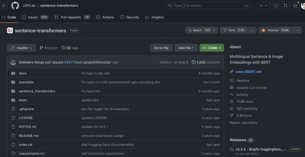 Bo (@bo_wangbo) on Twitter photo SBERT is such an amazon repo, being used by so many ppl. Are there any chance to get it back on track (970 issues/70 PRs open), latest release 2022 June. It is also being used heavily inside Jina. I believe we all like to spend our spare time helping out :) <a href="/Nils_Reimers/">Nils Reimers</a> SBERT is such an amazon repo, being used by so many ppl. Are there any chance to get it back on track (970 issues/70 PRs open), latest release 2022 June. It is also being used heavily inside Jina. I believe we all like to spend our spare time helping out :) <a href="/Nils_Reimers/">Nils Reimers</a>