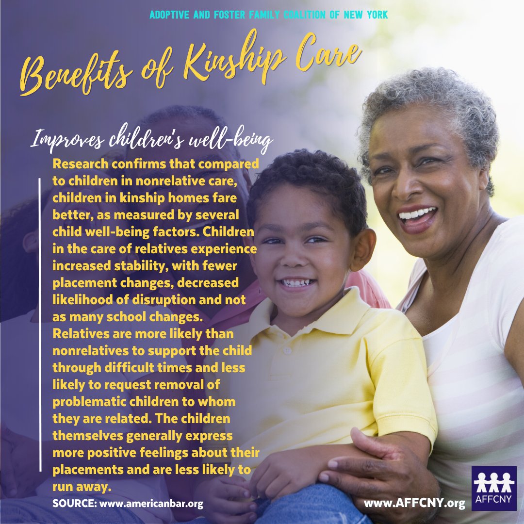AFFCNY's tweet photo. Research confirms that compared to children in nonrelative care, children in kinship homes fare better, as measured by several child well-being factors.
@NYSNavigator @NYSOCFS #YesWeKin #KidsNeedKin https://t.co/Q2j5GUFN90