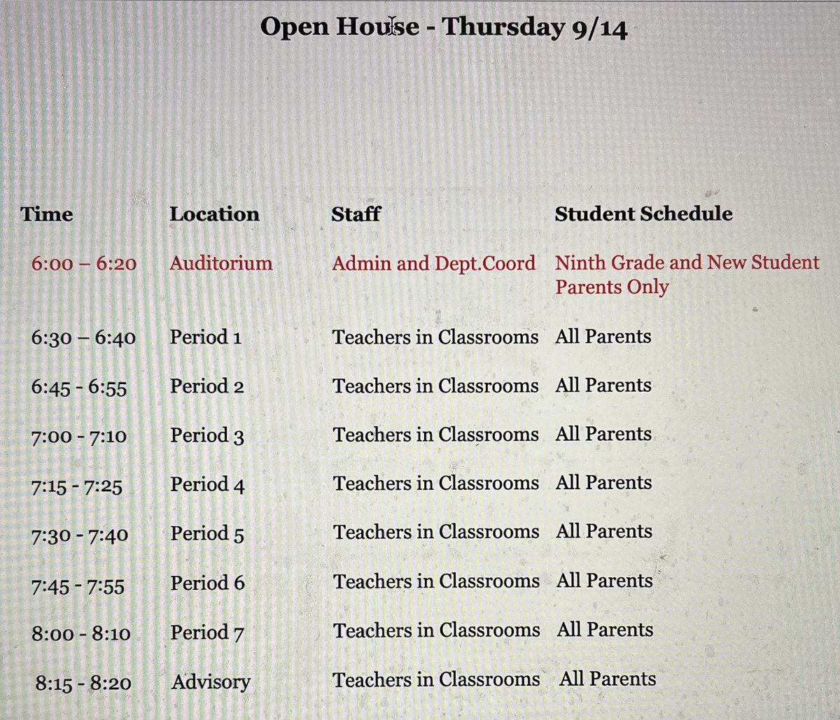 Attn NAHS Parents: Open House for grades 9-12 will take place Thursday, 9/14 from 6:30pm to 8:20pm. Grade 9 &amp; new parents can meet the leadership team in the auditorium at 6:00pm. See schedule below ⬇️