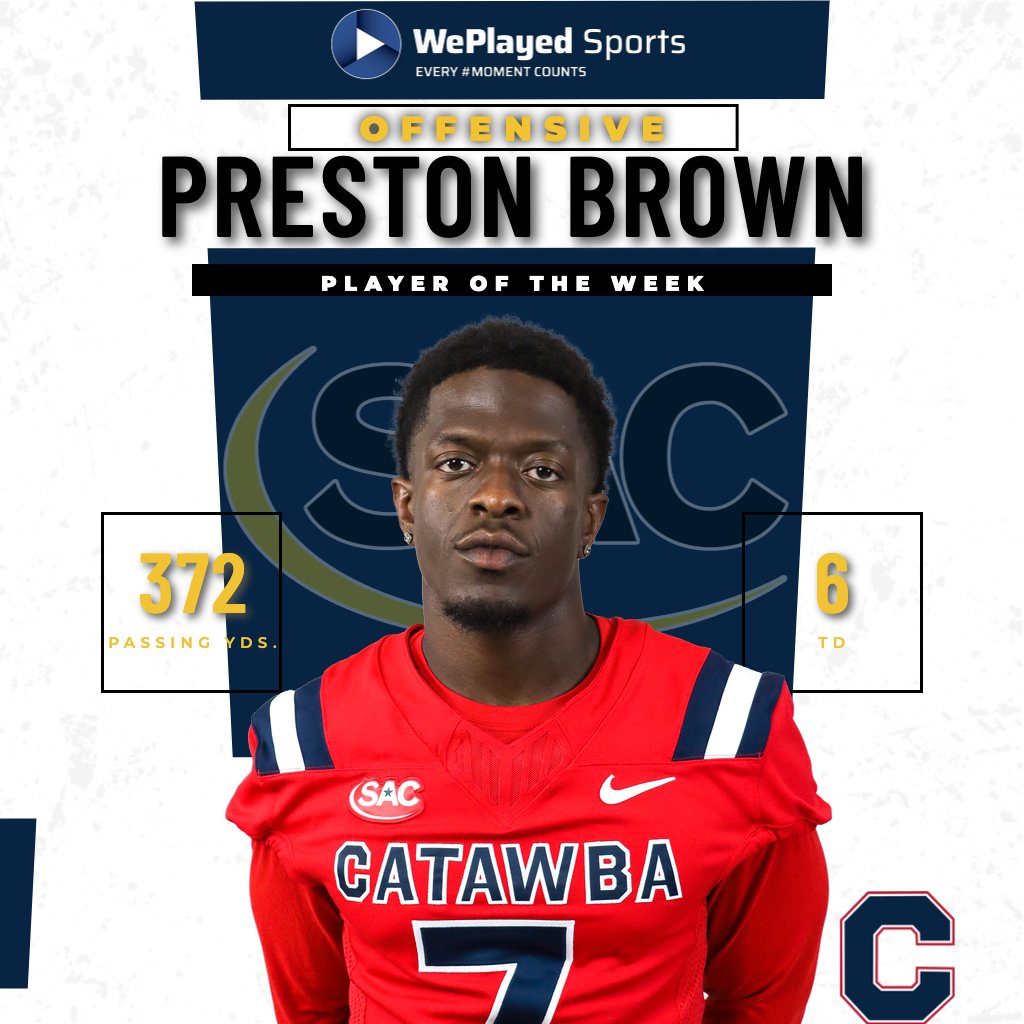 SAC_Athletics's tweet photo. 🏈 𝗙𝗼𝗼𝘁𝗯𝗮𝗹𝗹 𝗣𝗹𝗮𝘆𝗲𝗿𝘀 𝗼𝗳 𝘁𝗵𝗲 𝗪𝗲𝗲𝗸 - 𝗪𝗲𝗲𝗸 𝗧𝘄𝗼

Week Two @weplayed Football Players of the Week

Offensive - @CatawbaIndians Brown
Defensive - @mhulions Rankin
Special Teams - @GoWasps Butcher

📰: https://t.co/JkutJoTTRN

#MakeSACYours #SACFB https://t.co/BfyteQuRSo
