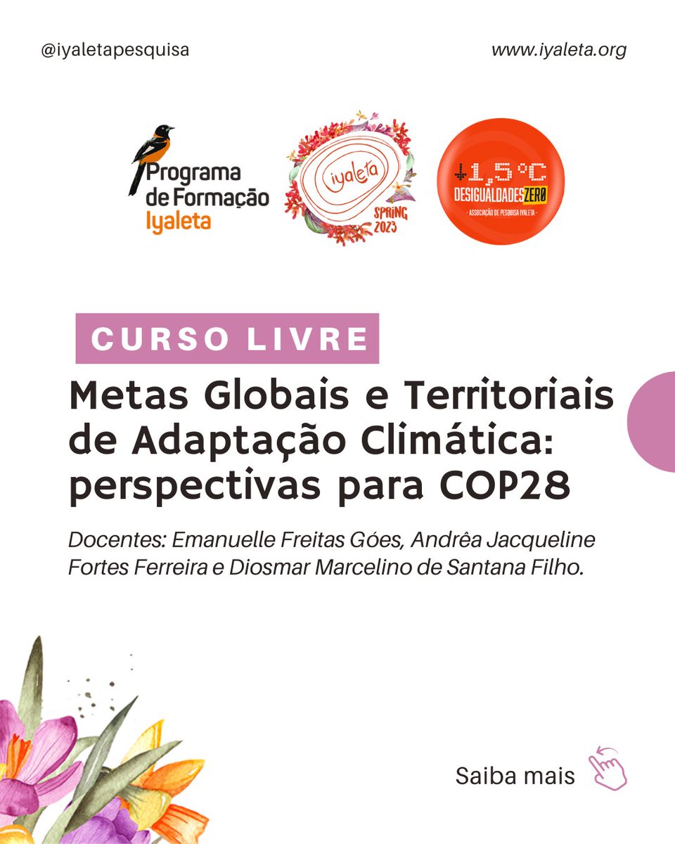 iyaletapesquisa's tweet photo. Com carga horária de 20h, inscreva-se no curso gratuito "Metas Globais e Territoriais de Adaptação Climática: perspectivas para COP28", que acontece nos dias 16 a 31 de outubro de 2023. Inscrições no link> https://t.co/KvN6HLvDNP
#COP28 #AdaptaçãoClimática #MetasGlobais #ONU https://t.co/UPFVHOGVjd