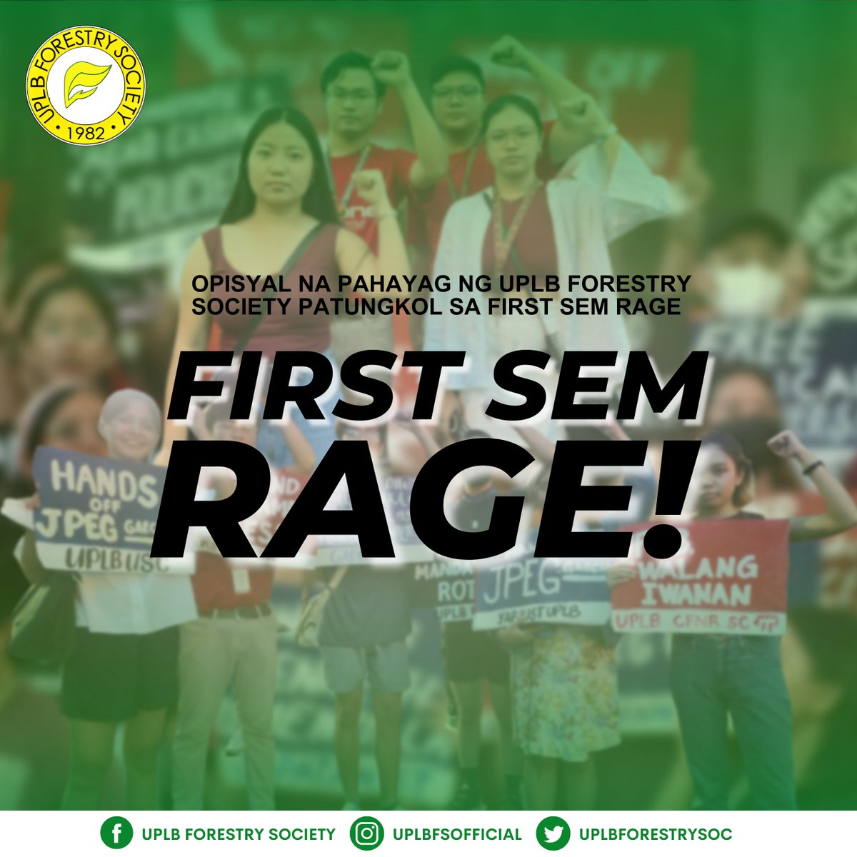 UPLBForestrySoc's tweet photo. OPISYAL NA PAHAYAG PATUNGKOL SA FIRST SEM RAGE
Ang UPLB Forestry Society — ang kauna-unahang pang-akademiko at makakalikasang organisasyon sa Kolehiyo ng Paggugubat at Likas Yaman — ay nakikiisa sa sangkaestudyantehan at mga organisasyon ng UPLB sa #FirstSemRage https://t.co/vpDFWdAIVB