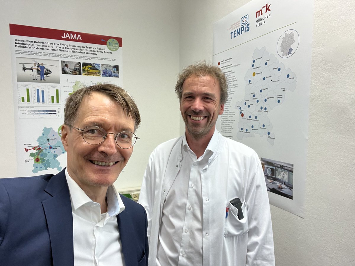 Karl_Lauterbach's tweet photo. Treffen mit Gordian Hubert, Chefneurologe TEMPIS Schlaganfall Rettungsdienstes für ganz Bayern in Klinik München Harlaching. Mit Helikopter werden Neurologen zum Schlaganfall geflogen und das verschlossene Gefäß im Gehirn geöffnet. Weniger Pflegefälle, weniger Demenz. Vorbildlich https://t.co/2qcvuoqPt0