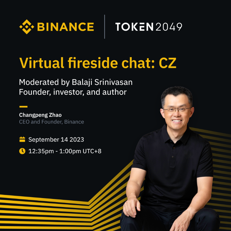 binance's tweet photo. We’re excited to kick off the week with our panels at @Token2049!

Here’s what we have planned:

🔸 @cz_binance’s virtual fireside chat with @balajis
🔸 @_RichardTeng &amp; @PierreGASLY’s fireside chat
 
Find out more here 👇
