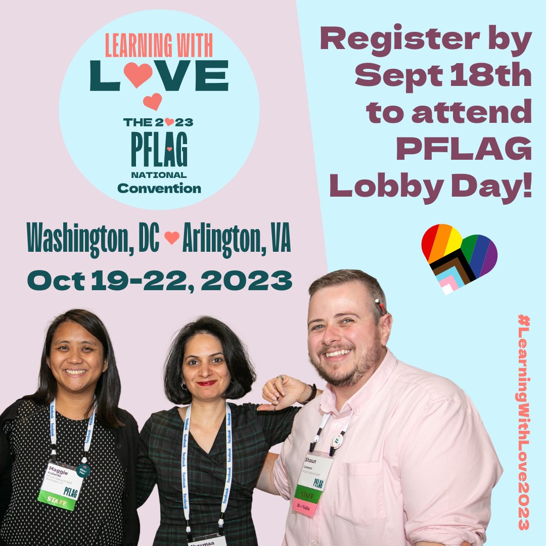 There's only 1 week left to register for PFLAG Lobby Day at Learning With Love: The 2023 PFLAG National Convention! Join us for four incredible days of workshops, panels, PFLAG Lobby Day, and more! 🏳️‍🌈 Register and learn more at: pflagnation.al/3NRoZUd