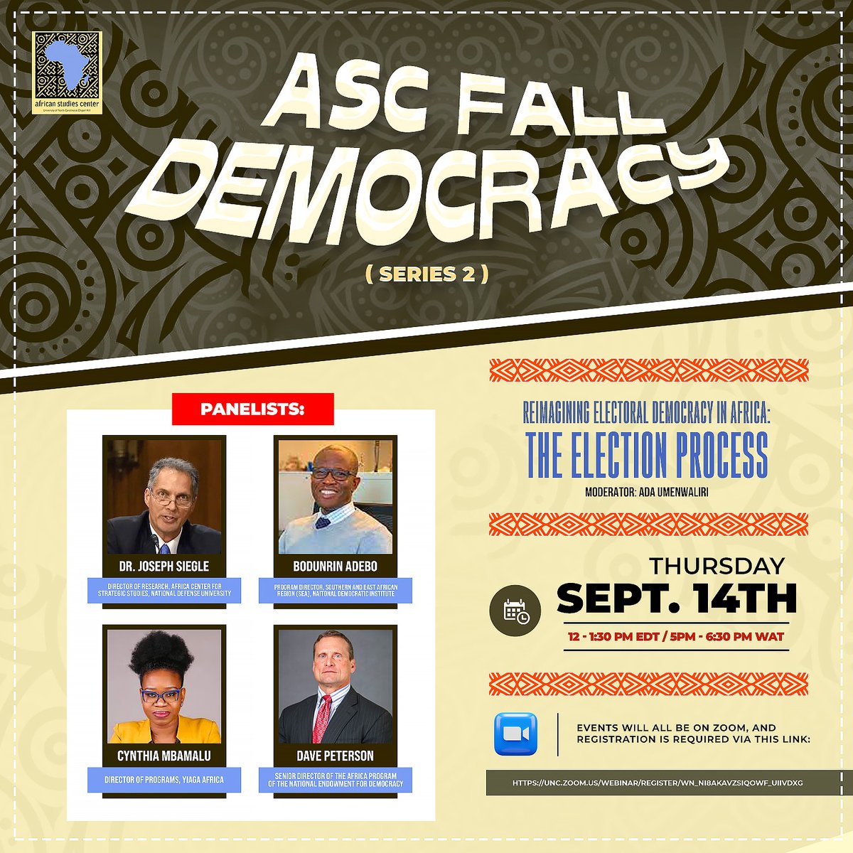YIAGA's tweet photo. On Thursday 14th September, our Director of Programs @DCynthiaM will be a panelist on a webinar discussing 'Reimagining Electoral Democracy in Africa: The Electoral Process" organised by the Africa Studies Centre at @UNC. 
Register to join: https://t.co/EK0XFeNwXy https://t.co/vRDykqXQuC