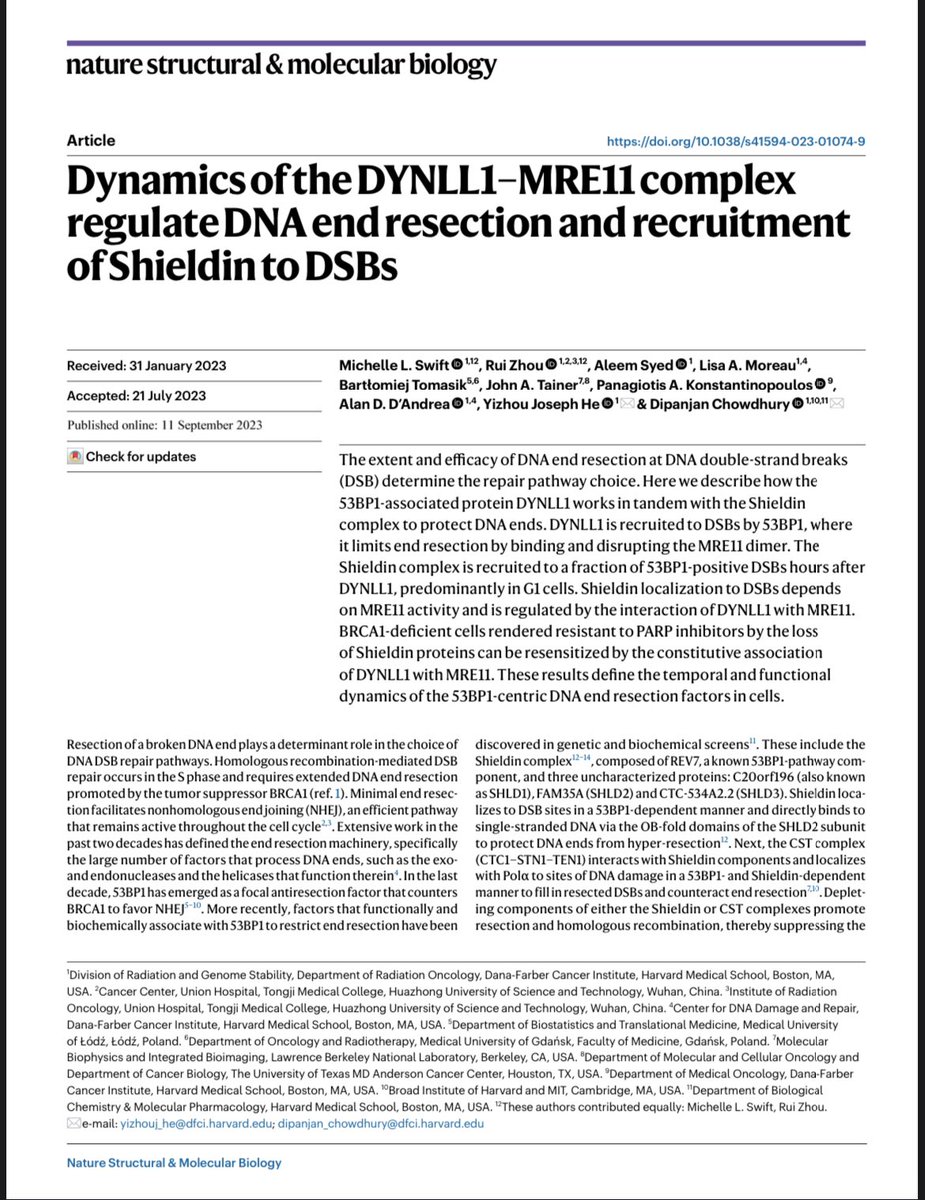 Chowdhury Lab (@chowdhurylab) on Twitter photo Really happy to share our latest paper out today <a href="/NatureSMB/">NatureStructMolBiol</a>, where we describe a mechanism by which DYNLL1 evicts MRE11 from DSBs and regulates Shieldin complex recruitment. Congratulations to all the authors! 👏 Really happy to share our latest paper out today <a href="/NatureSMB/">NatureStructMolBiol</a>, where we describe a mechanism by which DYNLL1 evicts MRE11 from DSBs and regulates Shieldin complex recruitment. Congratulations to all the authors! 👏