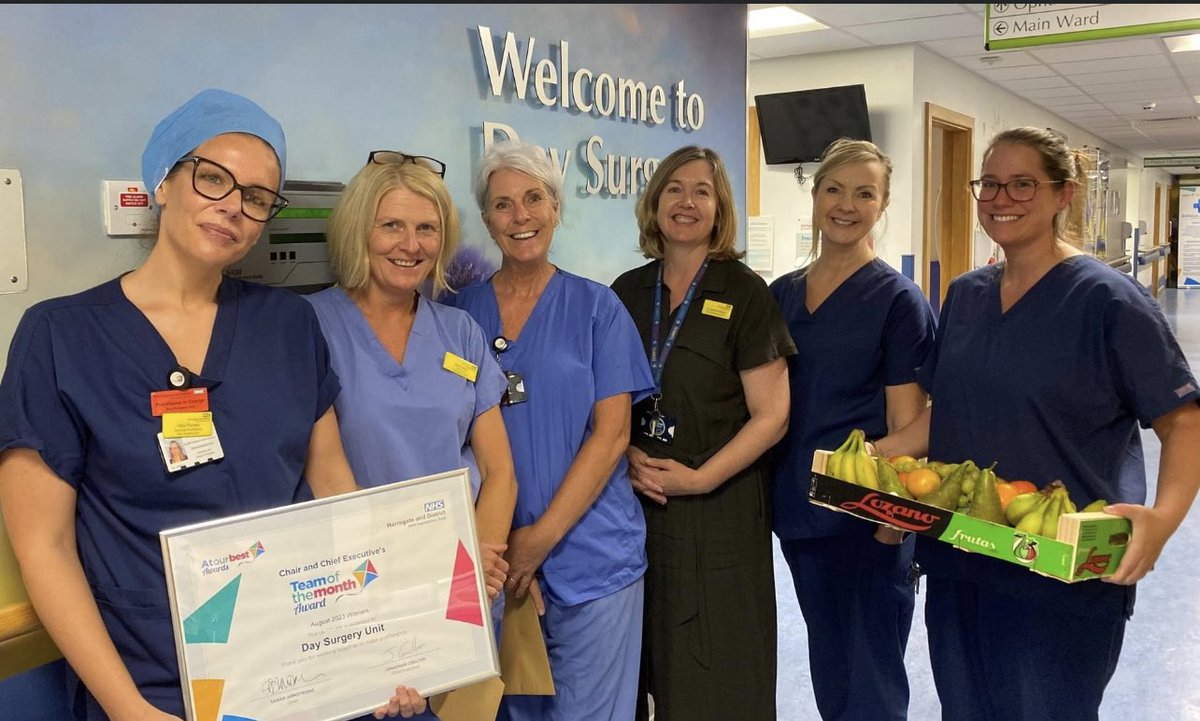 lare73's tweet photo. Congratulations Day Surgery Unit on being August's Team of the Month 👏 Nominated by a patient &amp; their daughter for the kindness, empathy, skill &amp; compassion you showed. You were amazing at keeping the patient calm &amp; safe, smiling and keeping spirits up. @HDFTtheatredsu 😍 https://t.co/DFMw1bBn1e