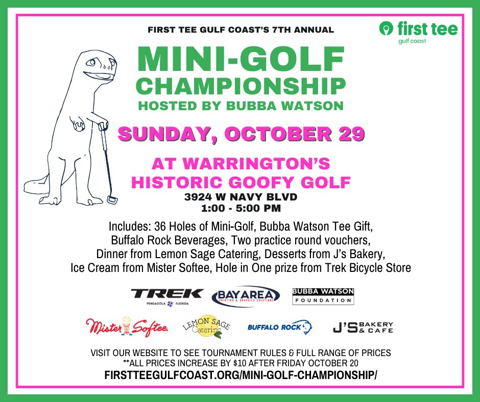 FirstTee_GC's tweet image. REGISTRATION NOW OPEN!

Grab your mini-golf partner and get ready to putt your way to a shoot-out against Bubba Watson at our Mini Golf Championship!

Prices and registration are online for all different types of teams:
firstteegulfcoast.org/mini-golf-cham…