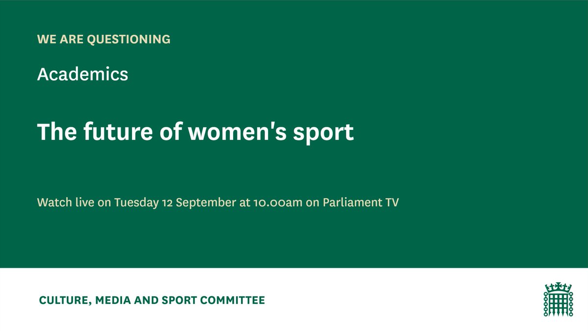 On Tuesday we continue our inquiry into women's sport. 

We will hear from academics specialising in the area and explore the future growth and governance of women's sport:
<a href="/DrBClarkson/">Dr. Beth Clarkson</a> 
<a href="/RafNicholson/">Raf Nicholson</a> 
<a href="/HanyaPielichaty/">Professor Hanya Pielichaty</a> 
<a href="/StaceyPope20/">Stacey Pope</a> 

📺 live from 10am: parliamentlive.tv/Event/Index/e2…