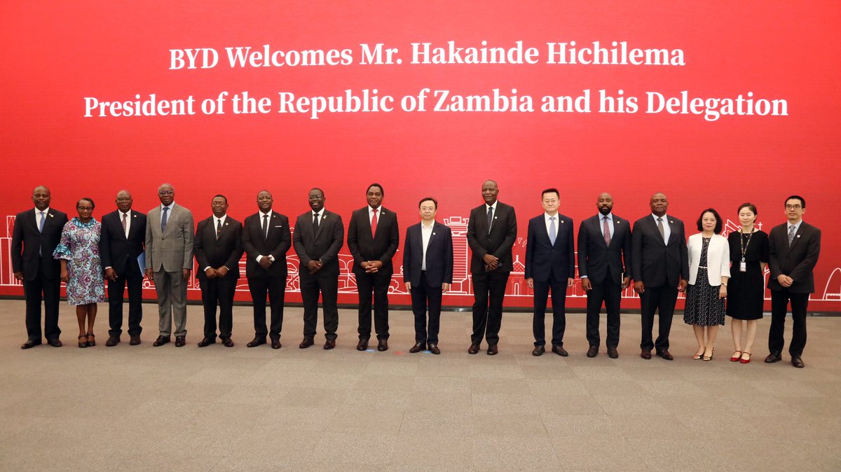 HHichilema's tweet photo. In our bid to make #Zambia an industrial hub by value addition to our minerals, we 
visited @BYDCompany, among the world's largest #EV manufacturers.
Much to learn from a company that patents a new project every 15 days &amp; has a 700K workforce, of which 70K are engineers.🇿🇲🇨🇳 #CMO https://t.co/qwV4iqJ9lI