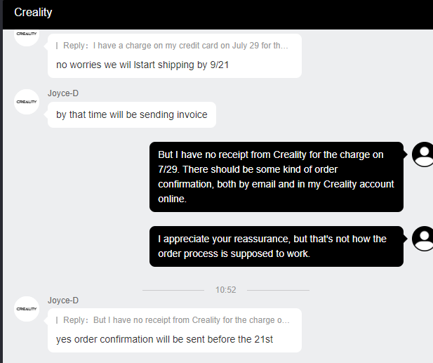zwhitcomb's tweet photo. @Creality3dprint @Creality3dP I give up. Every other company sends an order confirmation when the order is placed and payment is completed. Is that so hard to understand? https://t.co/F6O1d419rh