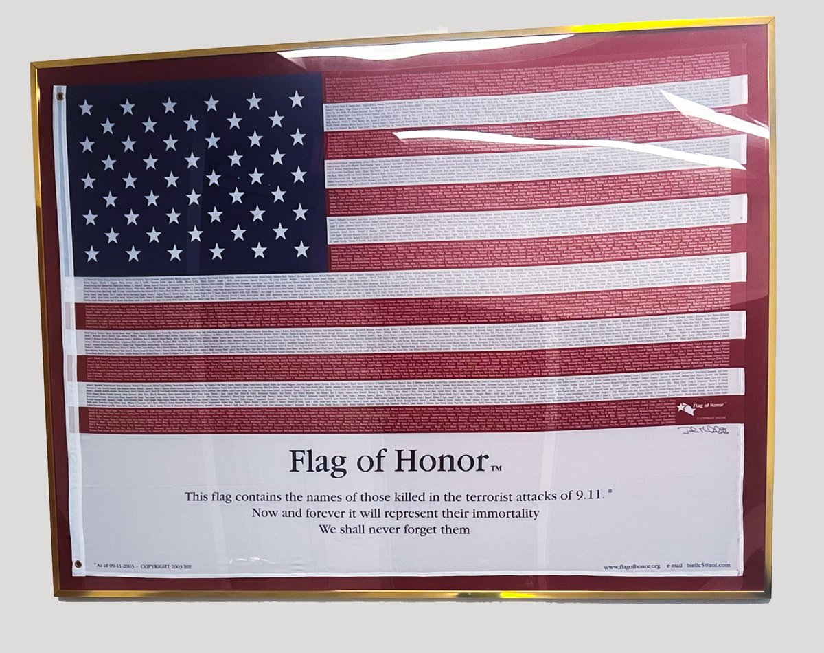JPBPartners's tweet photo. On this solemn day, we stand united in remembrance of those we lost on 9/11. Our reception area proudly displays the Flag of Honor, bearing the names of heroes who perished. Let's honor their unwavering bravery by living our lives w courage &amp; gratitude. #FlagOfHonor #NeverForget https://t.co/zjUOMGbNai