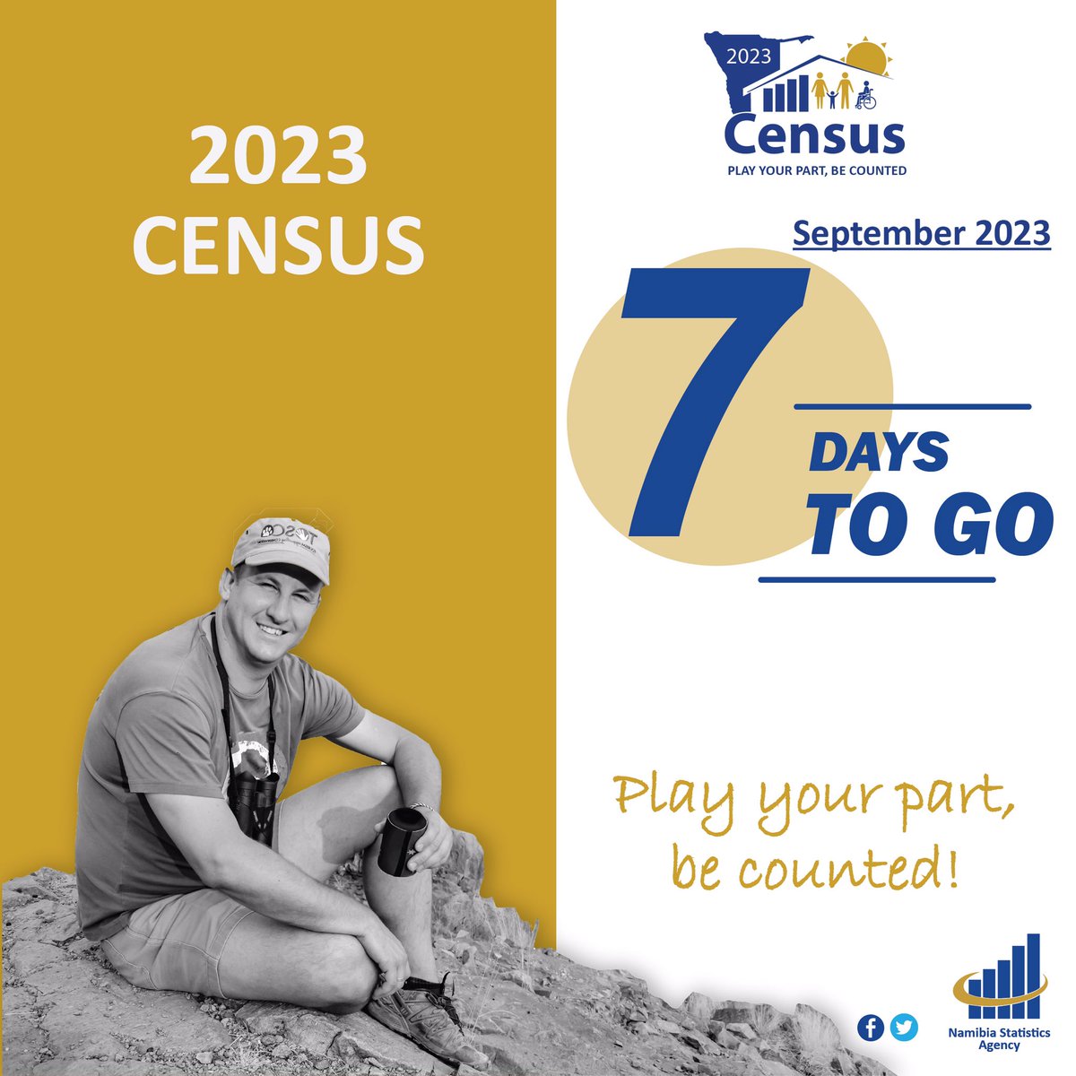 namstatsagency's tweet photo. 7 DAYS TO GO before the NSA commences with the 2023 Population and Housing Census.
#NSA_Namibia #NamStatistics #Namibia #NamCensus2023 #PlayYourPartBeCounted 🇳🇦 https://t.co/XssDOtLOrL