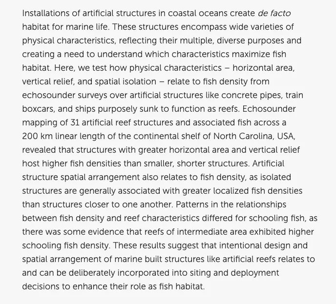 New #AECPublication from Jeff Buckel et al., 'Spatial extent and isolation of marine artificial structures mediate fish density' in @FrontMarineSci buff.ly/3ESFxqZ @_CMAST